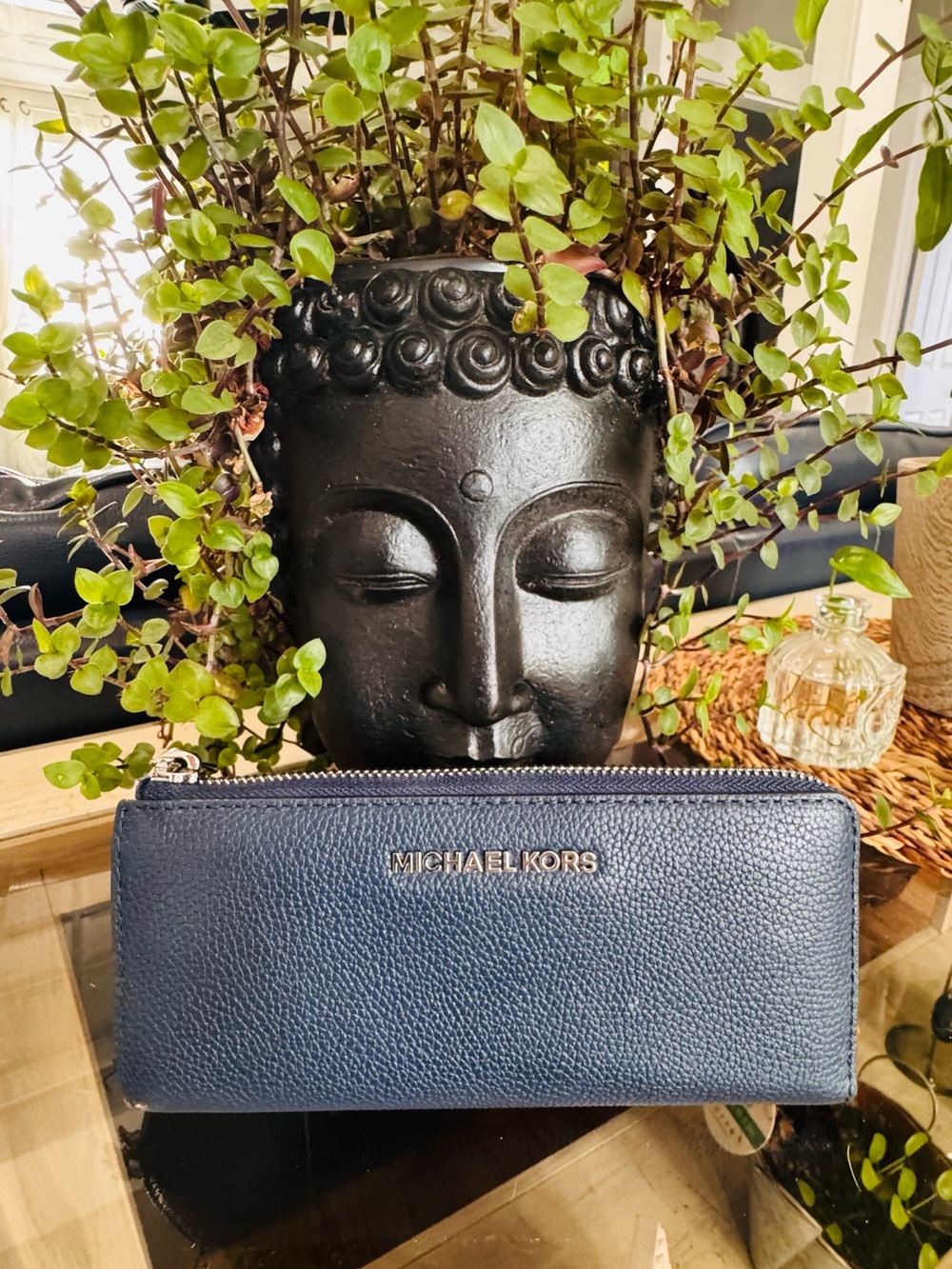 MICHAEL KORS Navy Zip-Around Pebbled Leather Wallet